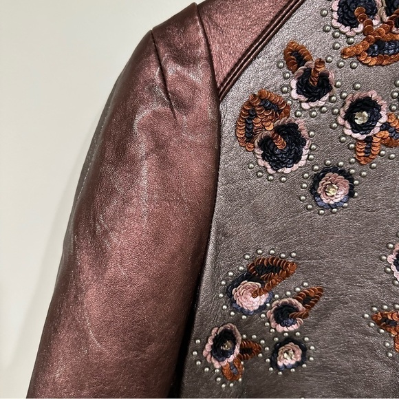 Rare Coach Shrunken Leather Varsity Jacket In Metallic Brown size 2 - Picture 6 of 11